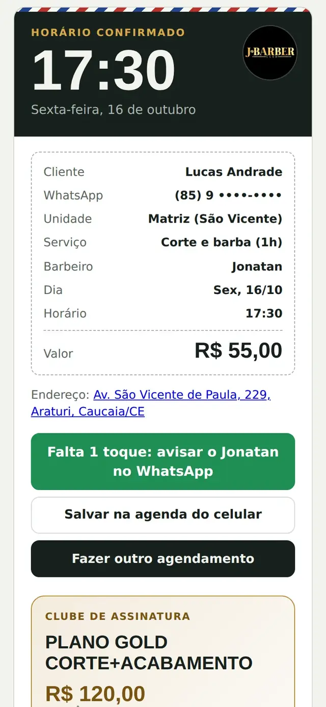 Comprovante do horário com o botão para avisar o barbeiro no WhatsApp