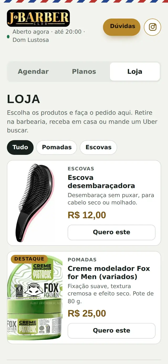 Site da barbearia: a loja com os produtos e a sacola