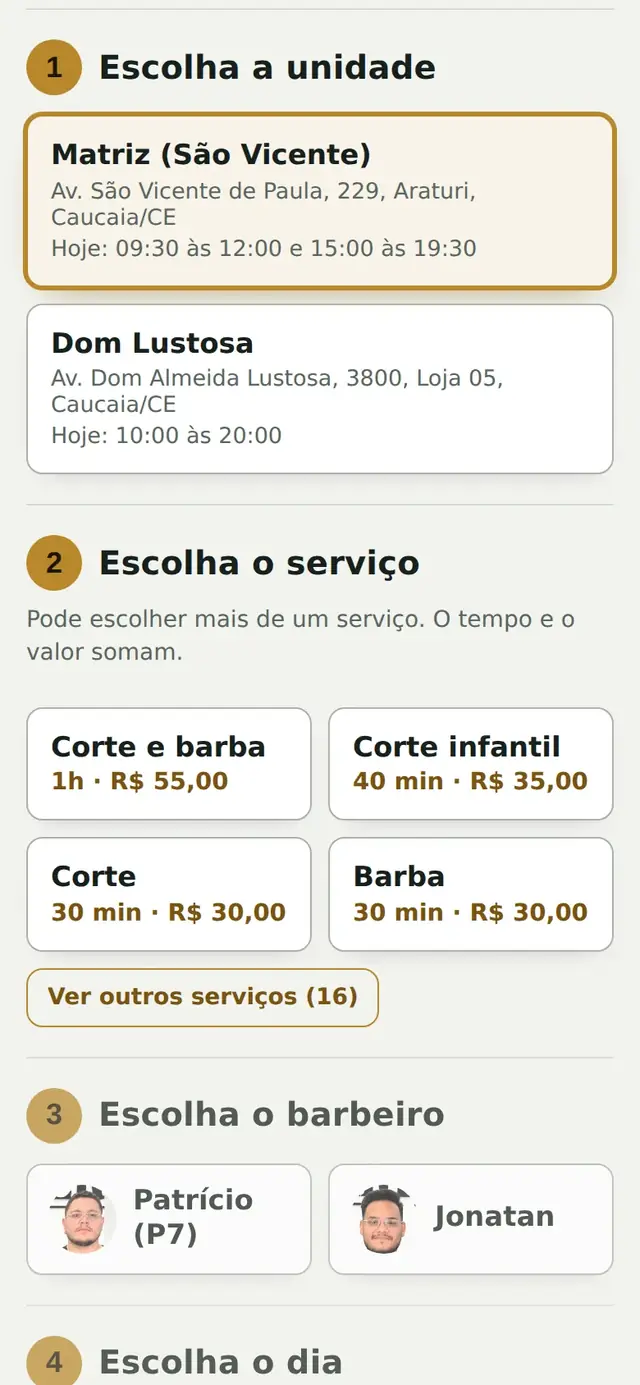 Os serviços de uma barbearia no Barber 360, no celular