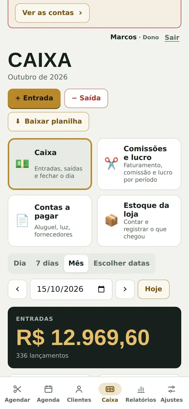 App da equipe, Caixa: as entradas do dia por Pix, cartão e dinheiro