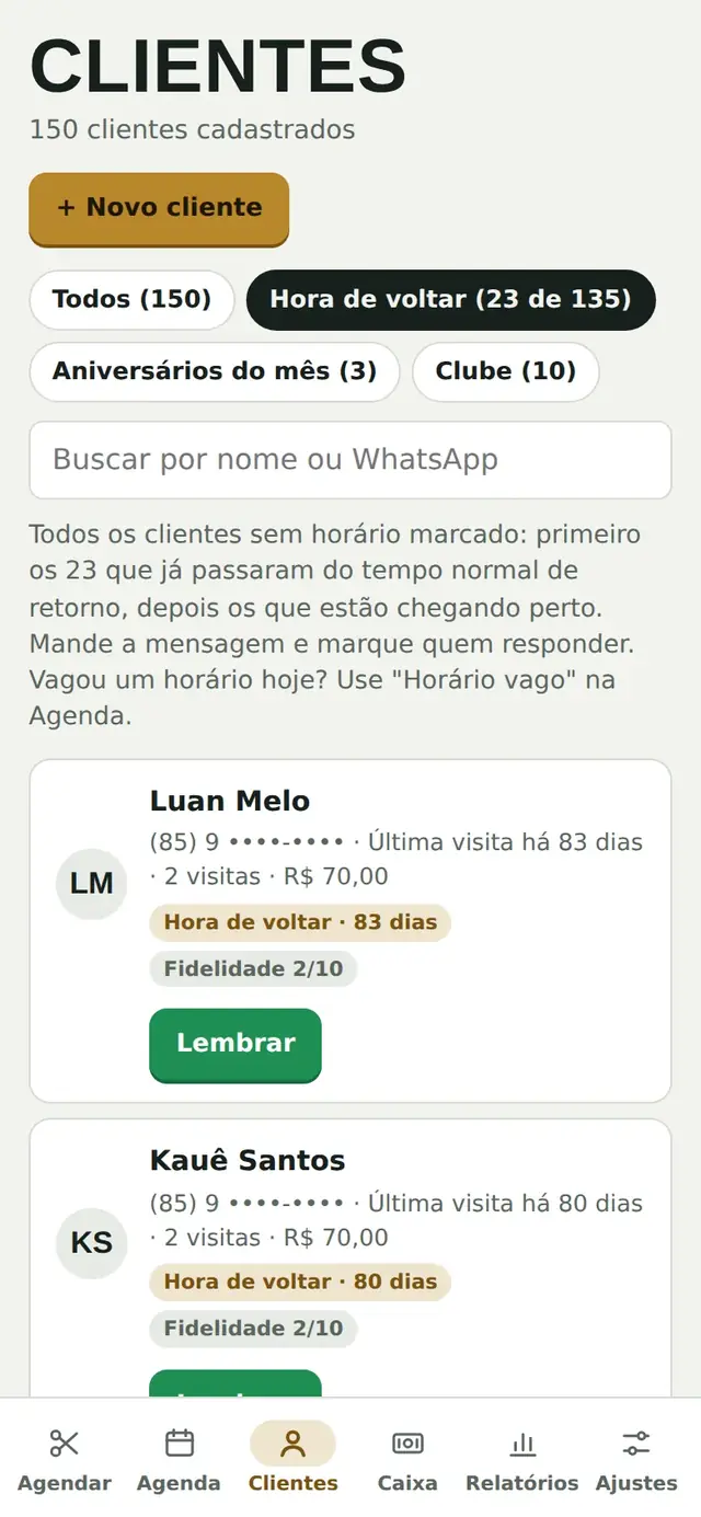 App da equipe, Clientes: a lista “Hora de voltar” com os dias desde o último corte e o botão Lembrar