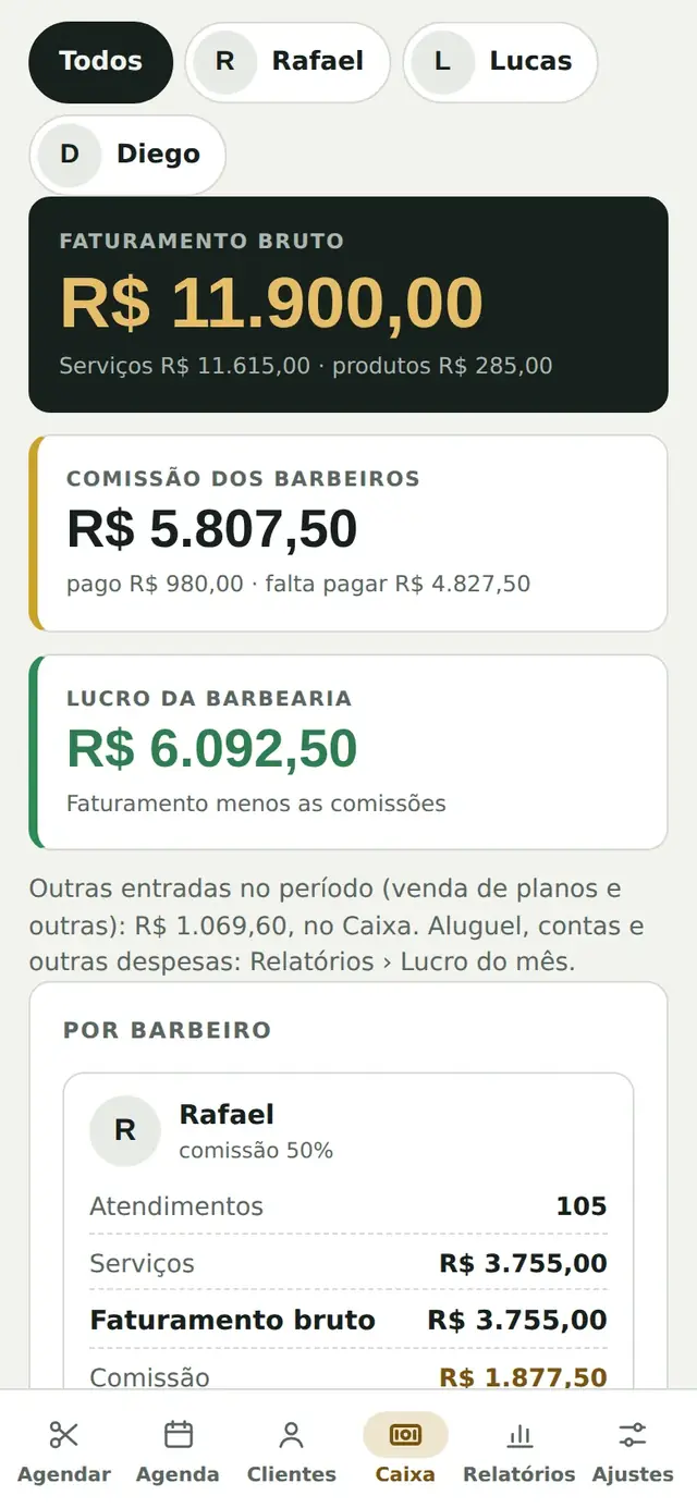 App da equipe, Comissões e lucro: o bruto, a comissão de cada barbeiro e o lucro da barbearia