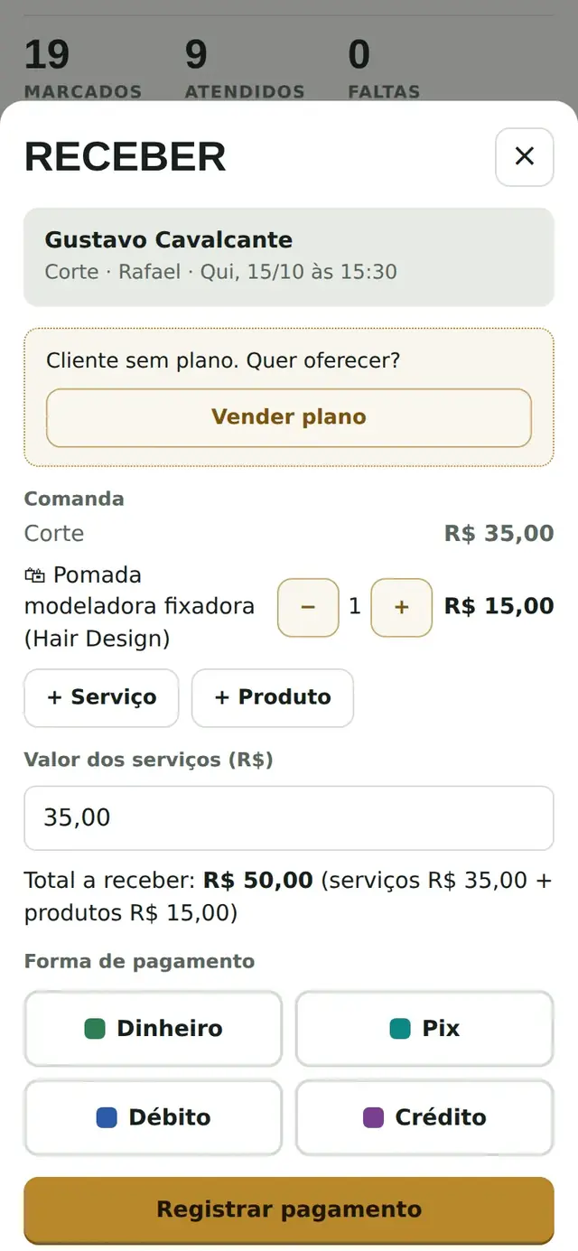 App da equipe, Receber: a comanda com o serviço, um produto a mais e a forma de pagamento